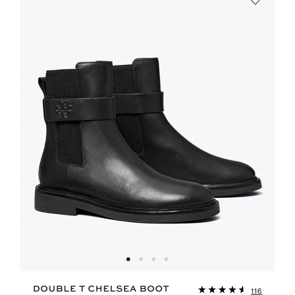 $428 Tory Burch Womens 10 Double T Chelsea Boot Black Ankle Leather Shoes Slip